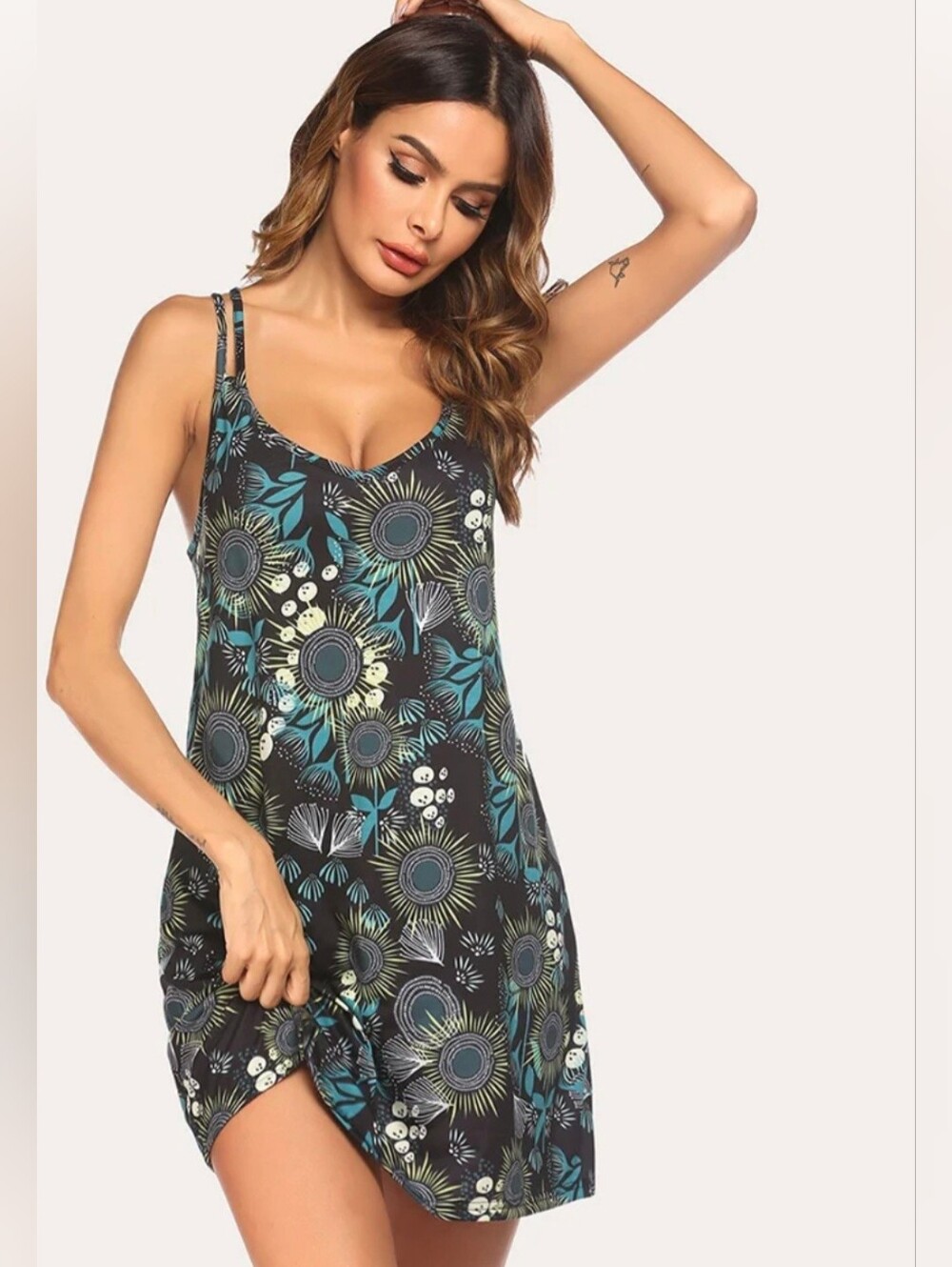 Ekouaer Floral Mini Dress Black & Blue XXXL